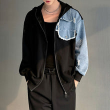 Load image into Gallery viewer, Denim Paneled Knitted Hooded Loose Jacket
