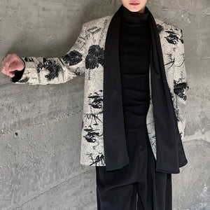 Scarf Ink-print Collarless Jacket