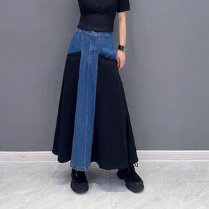 Loose Casual Denim Patchwork A-line Skirt