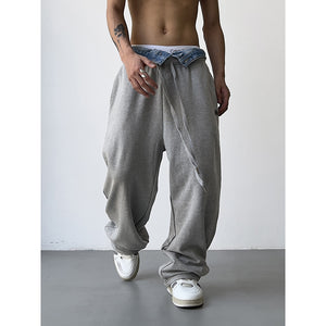 Fake Two-piece Cuffed Denim Loose Sweatpants