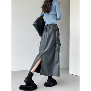 Retro Slit A-line Pu Mid-length Leather Skirt