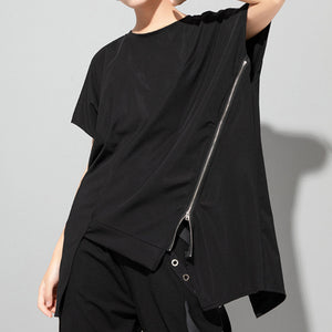 Asymmetric Zip Round Neck Pullover T-shirt