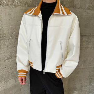 Contrast Color White PU Leather Jacket with Large Lapels