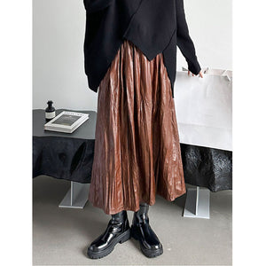 High Waist Casual Pleated Pu Leather Skirt