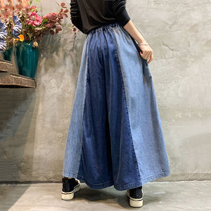 Color Block Denim Wide Leg Pants