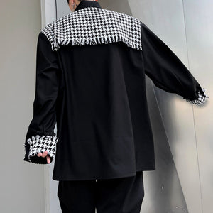 Houndstooth Frayed Panel Long Sleeve Shirt