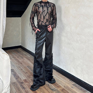 Artificial Fur Patchwork Wide-Leg Leather Pants