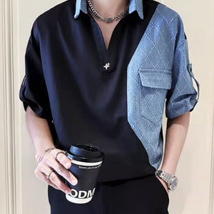 Summer Denim Patchwork Short Sleeve Shirt