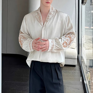 Satin Silky Embroidered Drape Long Sleeve Shirt