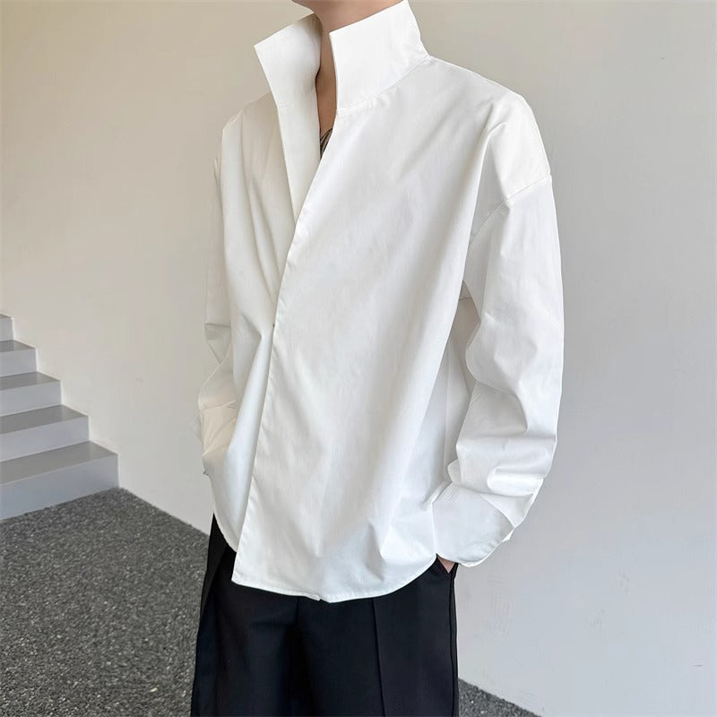 Stand Collar Wide Solid Color Long Sleeve Shirt