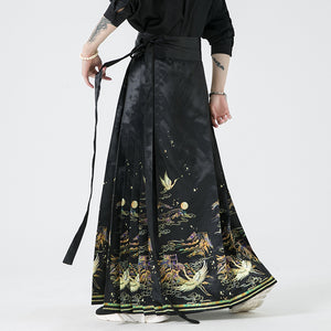 Crane Print Retro Horse-face Skirt Hanfu