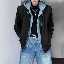 Load image into Gallery viewer, Fake Two Piece Denim Hooded Jacket
