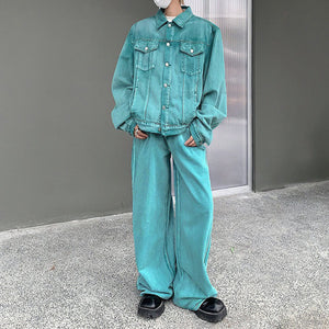 Vintage Washed Distressed Jacket Straight-leg Pants Denim Suit