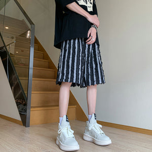 Retro Contrast Stripe Raw Edge Drawstring Shorts