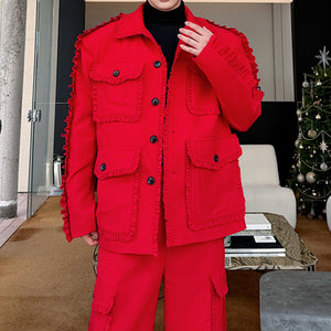 Red Suit Multi-pocket Jacket Wide-leg Trousers Two-piece Set