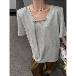 V-neck Short-Sleeved Loose Ribbon T-shirt