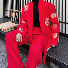 Load image into Gallery viewer, Retro Cirrus Embroidered Red Suit Jacket Wide-leg Trousers Two-piece Set
