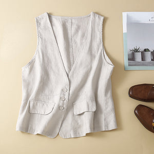 Cotton Linen Vest Sleeveless V-neck Top