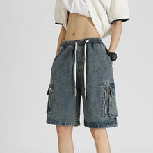 Load image into Gallery viewer, Drawstring Tote Pocket Zip Cargo Denim Shorts
