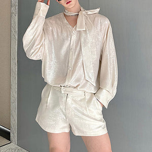 V-neck Ribbon Shirt and Shorts Suit