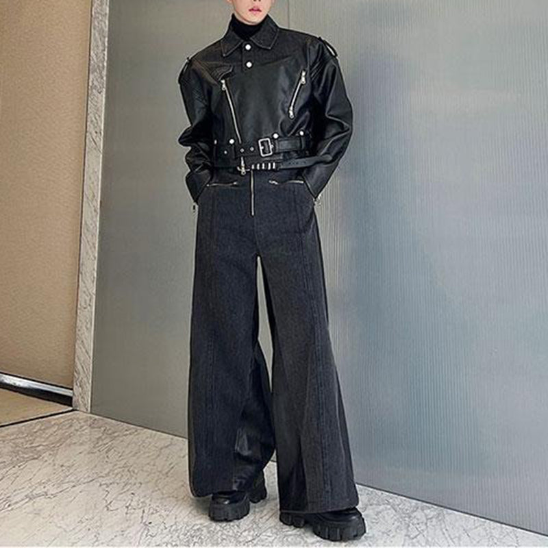 Deconstructed Washed Denim PU Leather Jacket Wide-leg Trousers Two-piece Suit