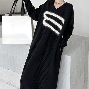 Autumn and Winter Thick Knitted V-neck Jacquard Long Sweater Dress