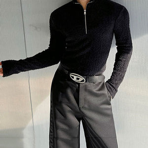 Tight-fitting Shoulder-padded Zipper Turtleneck Sweater