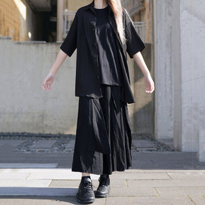 Black Pleated Short-sleeved Shirt