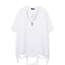 Load image into Gallery viewer, Hem Ripped Necklace Trim Short Sleeve T-Shirt
