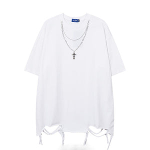 Hem Ripped Necklace Trim Short Sleeve T-Shirt