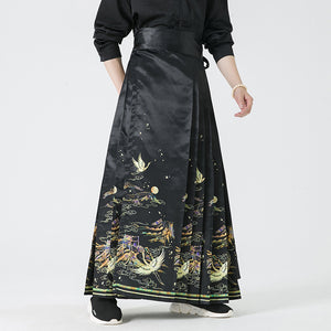 Crane Print Retro Horse-face Skirt Hanfu