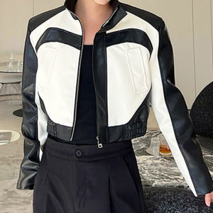 Stand Collar Contrast Color Short PU Leather Jacket