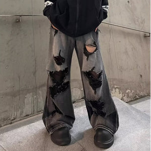 Ripped Denim Distressed Loose Straight-Leg Pants