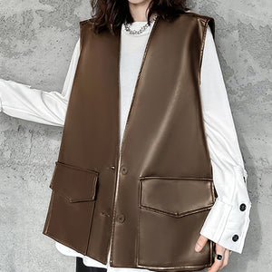 Solid PU Leather V-neck Vest