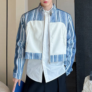 Blue Striped PU Leather Cropped Jacket