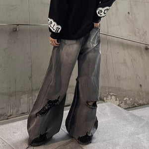 Ripped Denim Distressed Loose Straight-Leg Pants