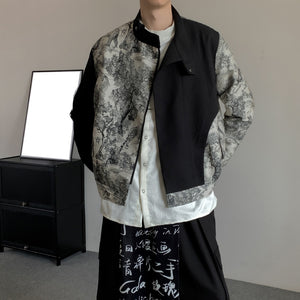 Spliced Stand Collar Ink Painting Jacquard Loose Jacket