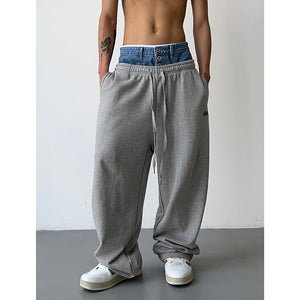 Fake Two-piece Cuffed Denim Loose Sweatpants