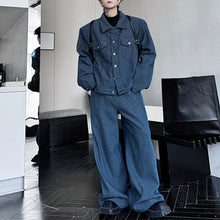 Load image into Gallery viewer, Denim Cropped Jacket with Buttons and Wide-Leg Pants Two-Piece Set
