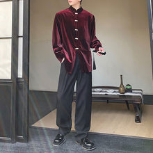 Load image into Gallery viewer, Button-down Stand-collar Vintage Velvet Long-sleeved Shirt
