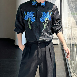 Floral Embroidered Lapel Long-sleeved Shirt