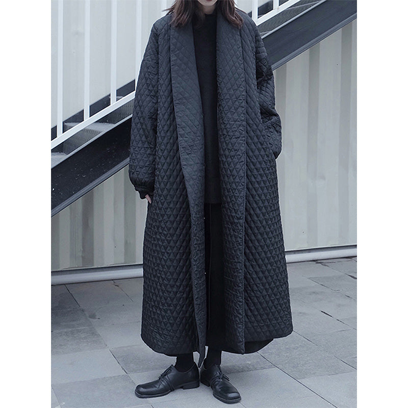 Black Diamond-patterned Loose Long Cotton Coat