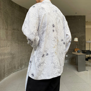 Vintage Collarless Long-sleeved Shirt with Irregular Jacquard Bindings