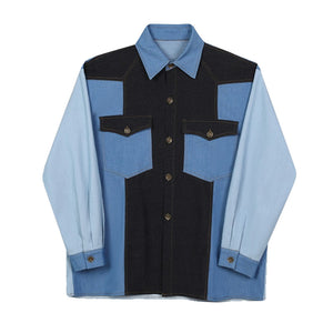 Denim Patchwork Contrasting Lapel Shirt