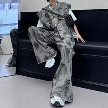 Load image into Gallery viewer, Hand-painted Shoulder Pad Denim Vest Wide-leg Pants Two-piece Suit
