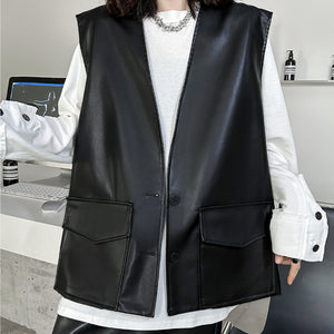 Solid PU Leather V-neck Vest