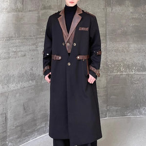 Knee-length Leather Collar Patchwork Coat