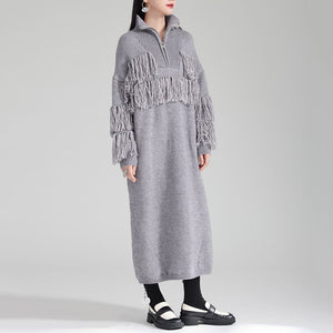 Autumn and Winter Thickened Turtleneck Fringed Knitted Dress