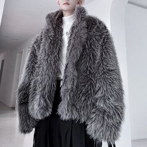 Stand Collar Buttoned Cotton Artificial Fur Short Coat