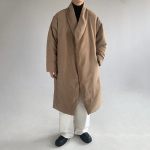 Japanese Retro Peach Skin Collarless Long Cotton Coat